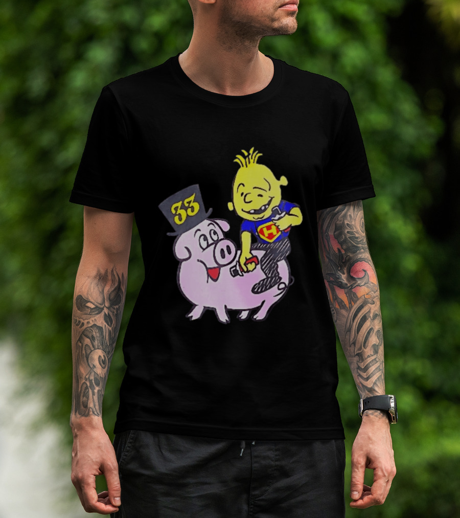 33 Cartoon Boy Yellow Hair Riding Pink Pig Black Top Hat H Hero T-Shirt