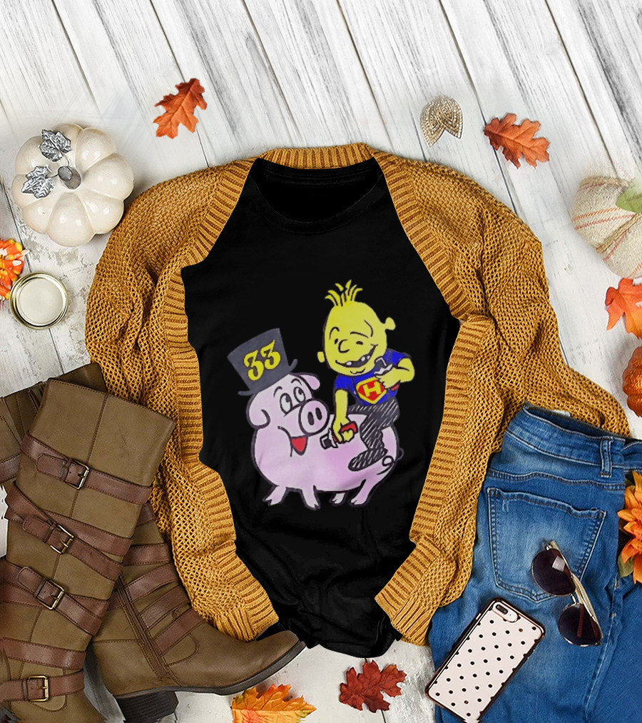 33 Cartoon Boy Yellow Hair Riding Pink Pig Black Top Hat H Hero T-Shirt
