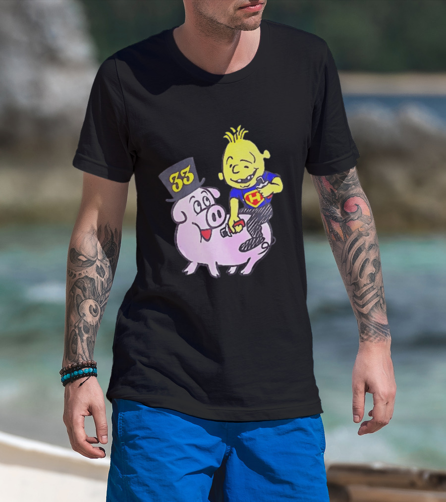 33 Cartoon Boy Yellow Hair Riding Pink Pig Black Top Hat H Hero T-Shirt