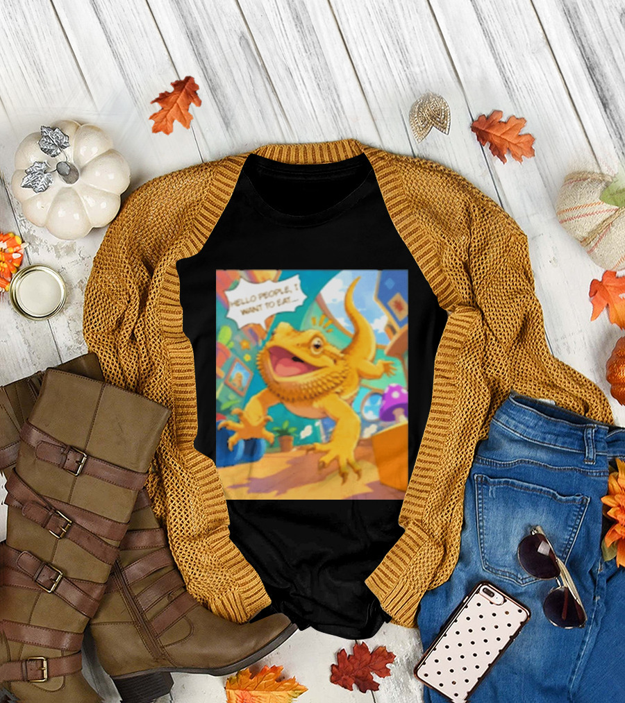 Bearded Dragon Hello People I Want To Eat Funny Lizard Cartoon T-Shirt