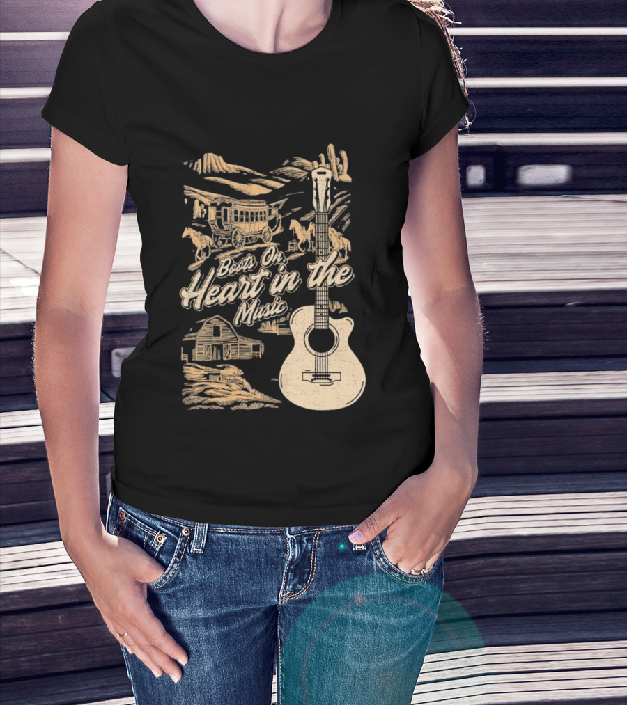 Boots On Heart In The Music Acoustic Guitar Cowboy Stagecoach Barn Scene T-Shirt