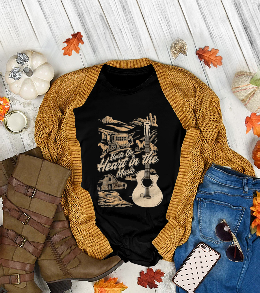 Boots On Heart In The Music Acoustic Guitar Cowboy Stagecoach Barn Scene T-Shirt