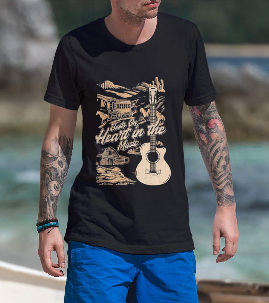 Boots On Heart In The Music Acoustic Guitar Cowboy Stagecoach Barn Scene T-Shirt