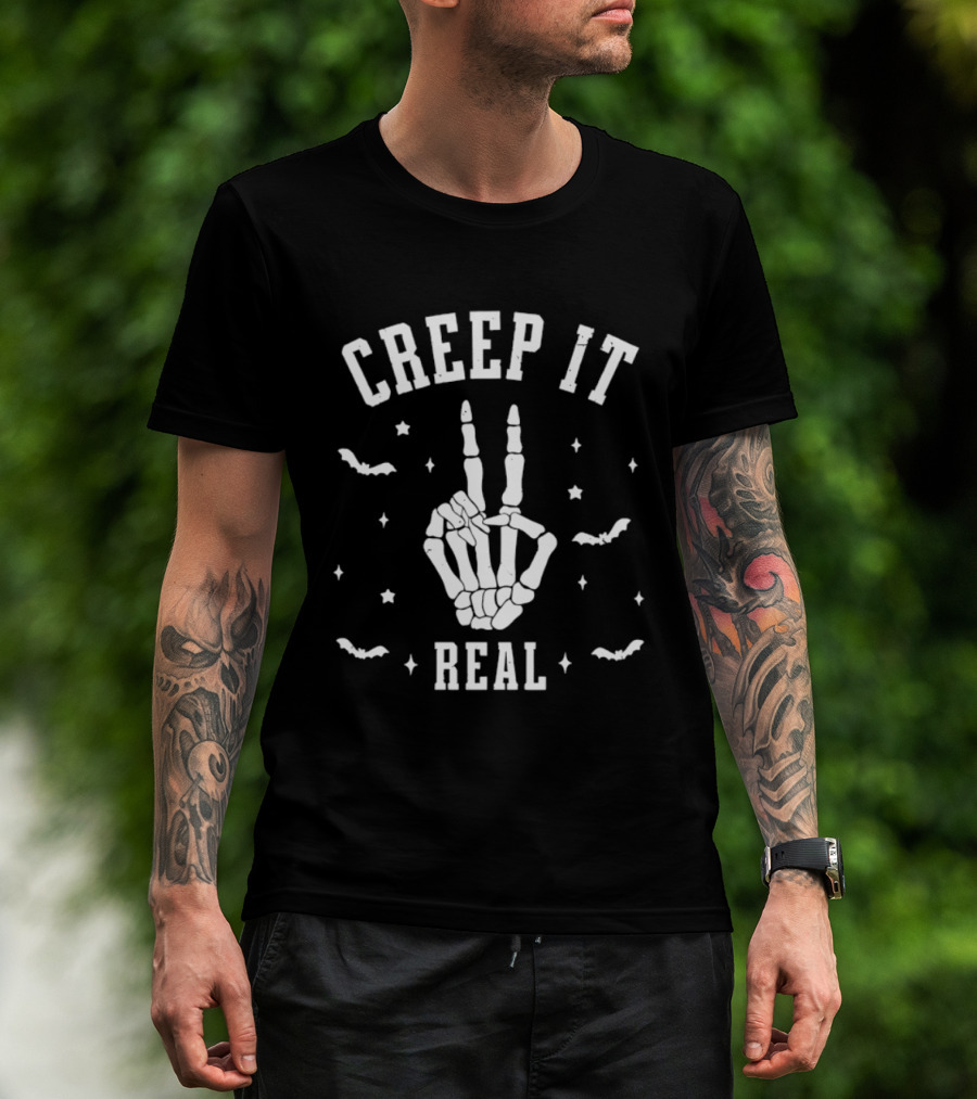 Creep It Real Skeleton Hand Peace Sign Halloween Bats Stars T-Shirt