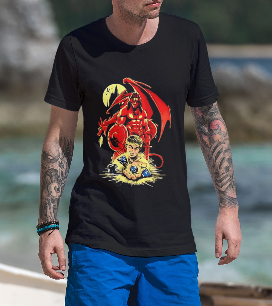 Dungeons And Dragons Player With Red Dragon And Blue Dice Adventure T-Shirt