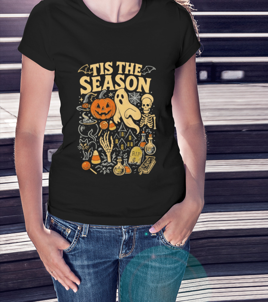 Tis The Season Halloween Pumpkin Ghost Skeleton Bats Candy T-Shirt