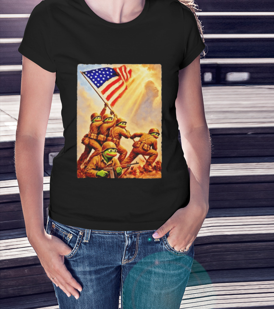 Pepe The Frog American Flag Soldiers Together We Win WWII Iwo Jima Memorial T-Shirt