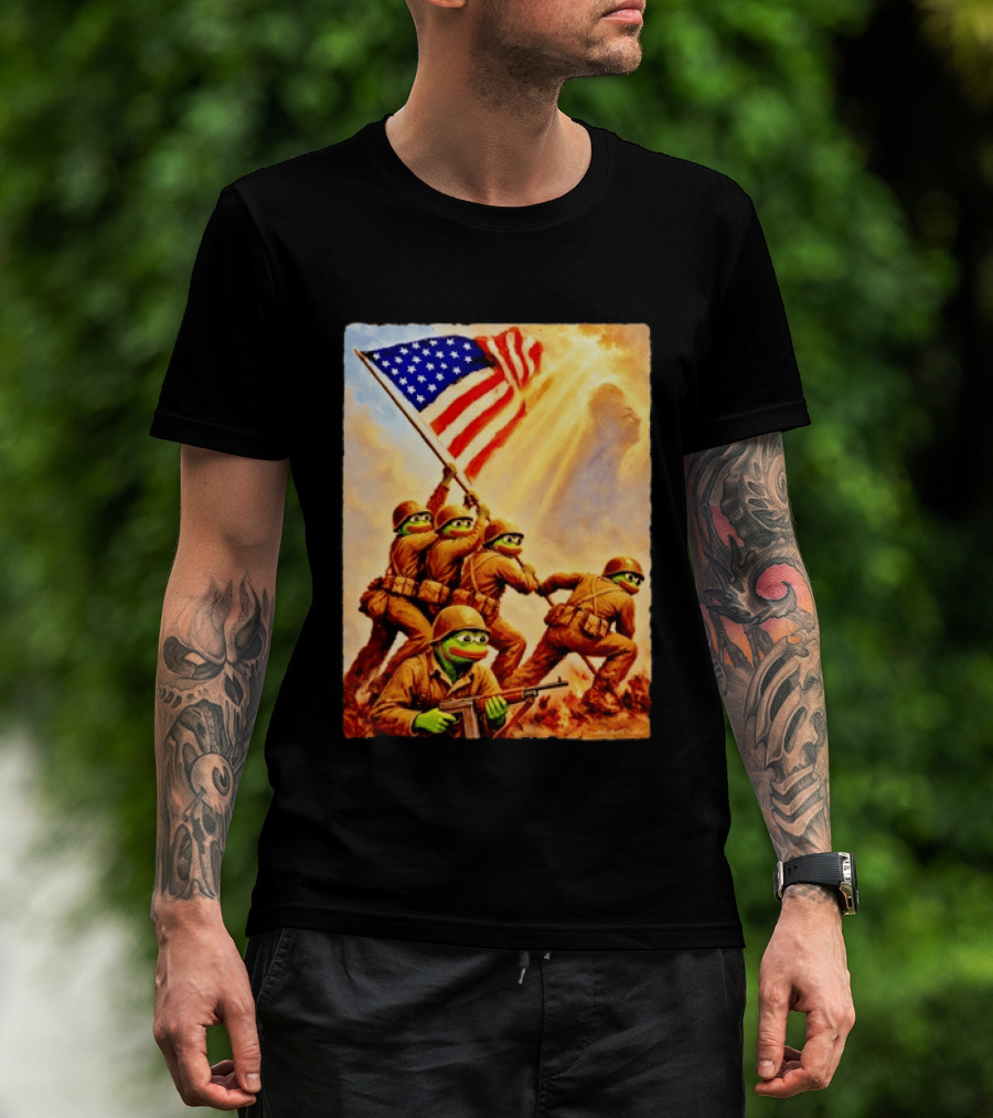 Pepe The Frog American Flag Soldiers Together We Win WWII Iwo Jima Memorial T-Shirt