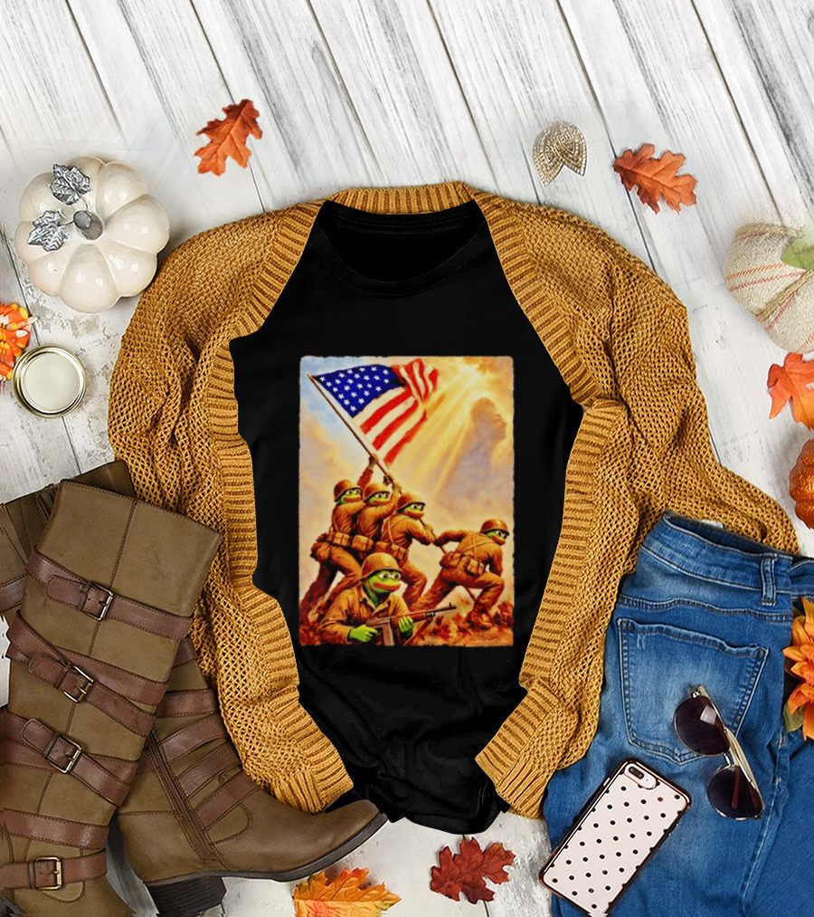 Pepe The Frog American Flag Soldiers Together We Win WWII Iwo Jima Memorial T-Shirt