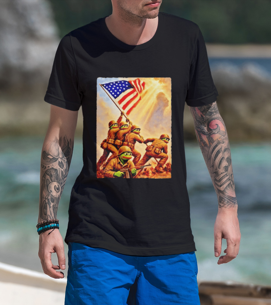 Pepe The Frog American Flag Soldiers Together We Win WWII Iwo Jima Memorial T-Shirt