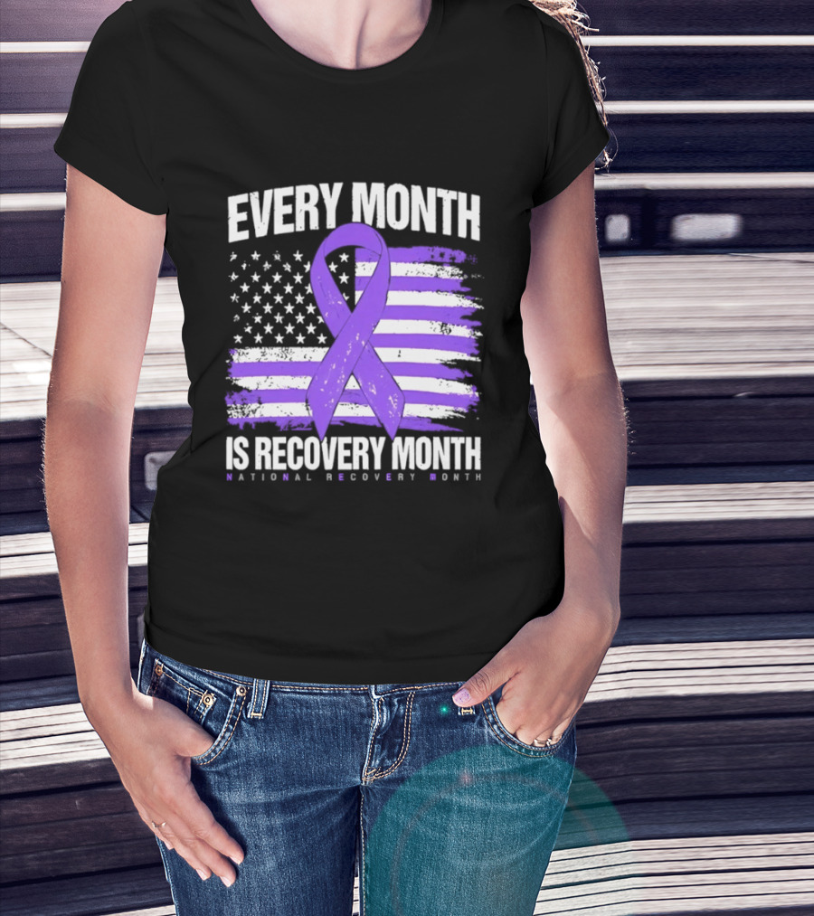 Every Month Is Recovery Month Purple Ribbon American Flag National Recovery Month T-Shirt
