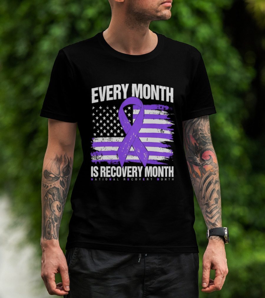 Every Month Is Recovery Month Purple Ribbon American Flag National Recovery Month T-Shirt