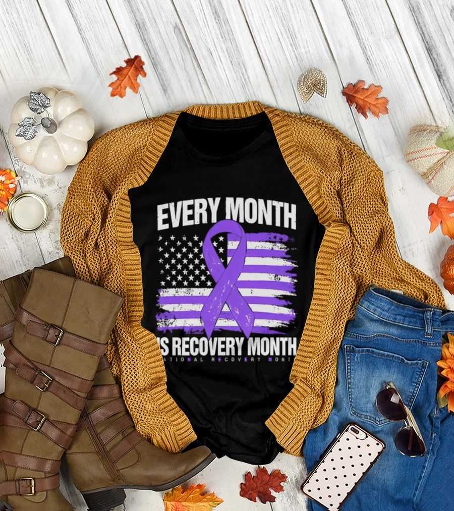 Every Month Is Recovery Month Purple Ribbon American Flag National Recovery Month T-Shirt