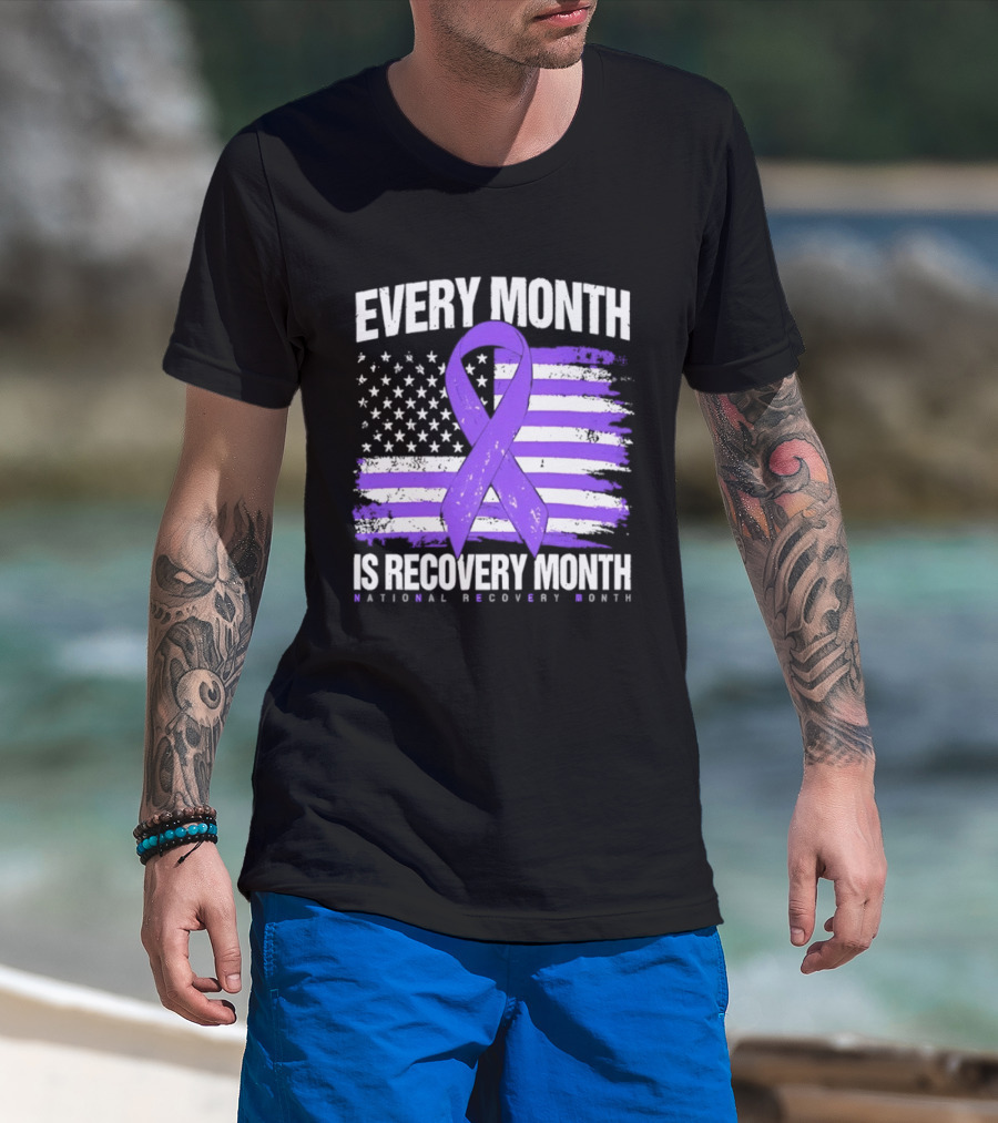 Every Month Is Recovery Month Purple Ribbon American Flag National Recovery Month T-Shirt