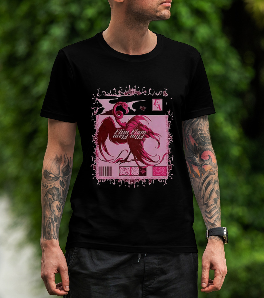 Flim Flam Flamingo Barcode Pink Swirl Border T-Shirt