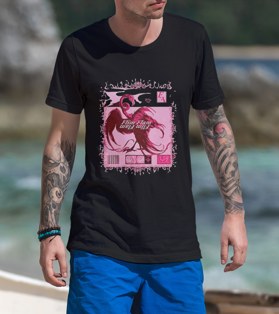 Flim Flam Flamingo Barcode Pink Swirl Border T-Shirt