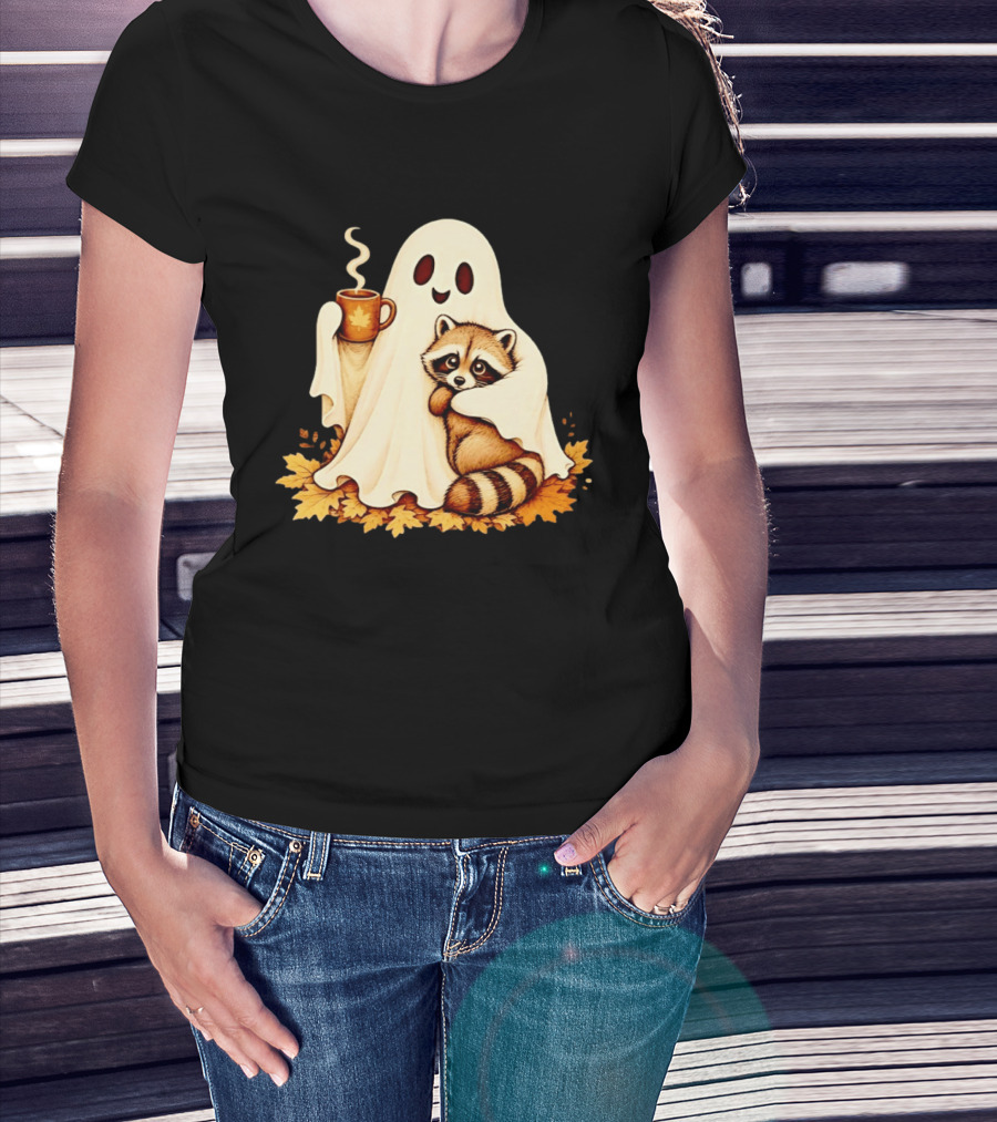 Ghost Hugging Raccoon With Coffee And Autumn Leaves T-Shirt