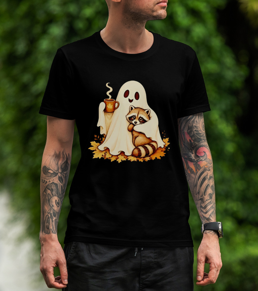 Ghost Hugging Raccoon With Coffee And Autumn Leaves T-Shirt