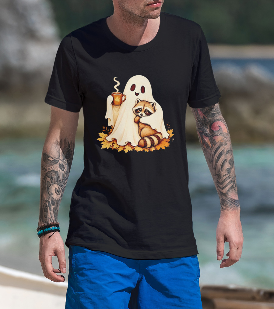 Ghost Hugging Raccoon With Coffee And Autumn Leaves T-Shirt