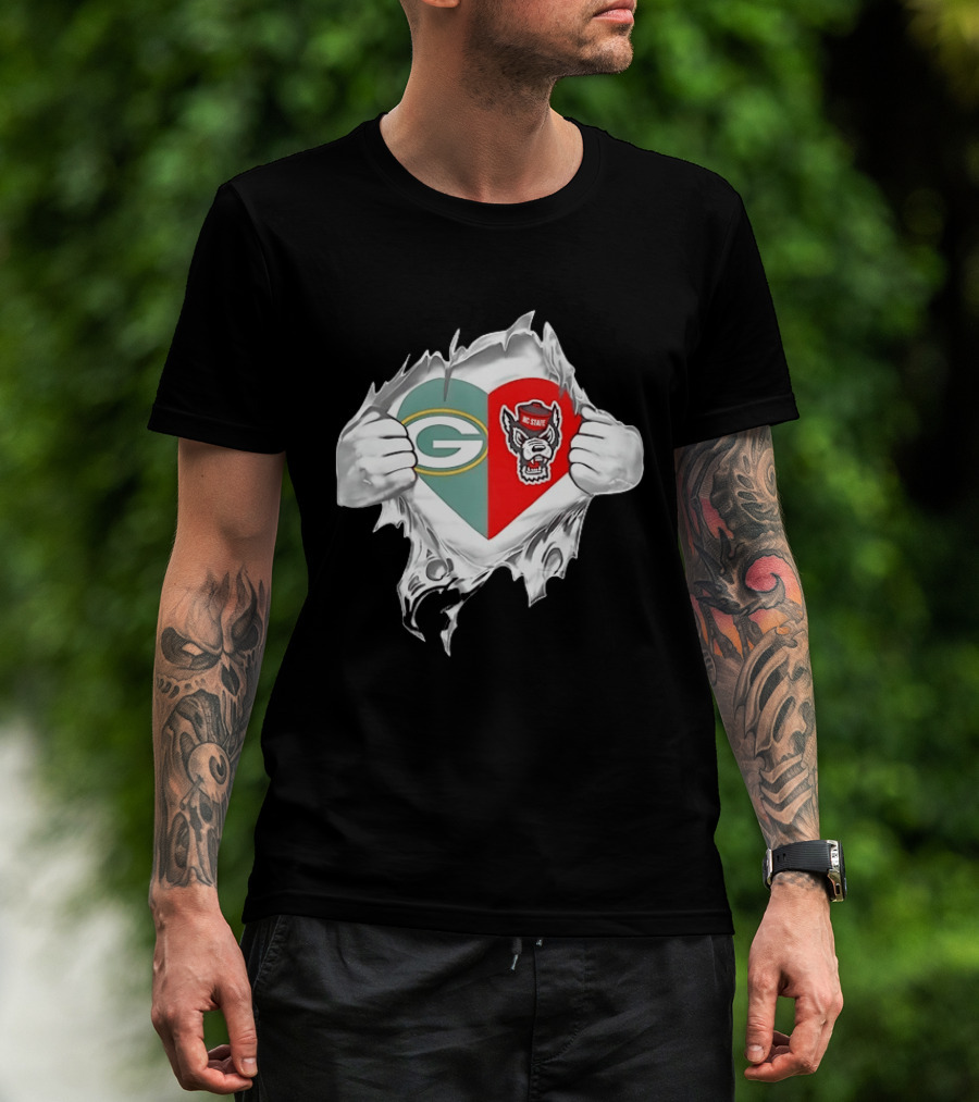 Green Bay Packers NC State Wolfpack Heart Superman Chest Rip T-Shirt