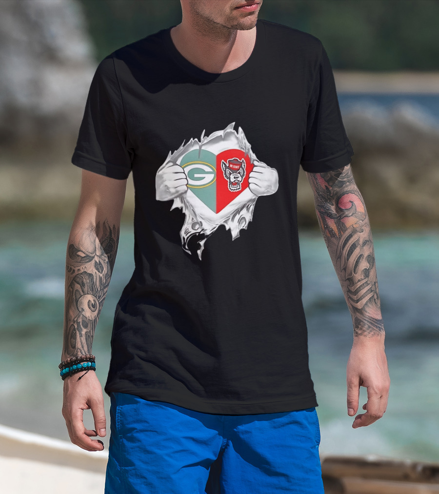Green Bay Packers NC State Wolfpack Heart Superman Chest Rip T-Shirt