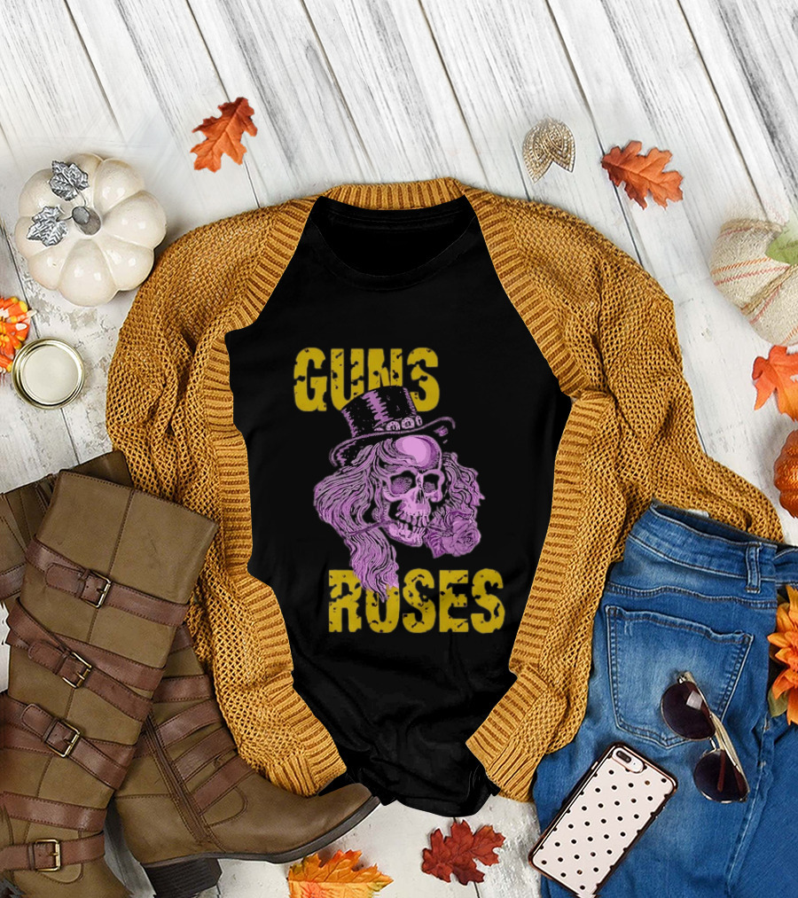 Guns N' Roses Distressed Skull With Top Hat And Roses T-Shirt