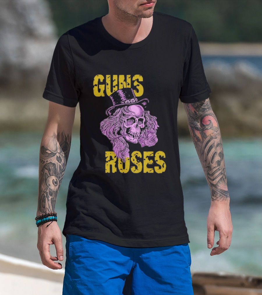 Guns N' Roses Distressed Skull With Top Hat And Roses T-Shirt