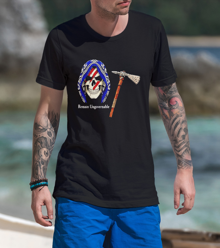 Skull With Tomahawk Remain Ungovernable Hooded Skeleton Red Marks T-Shirt