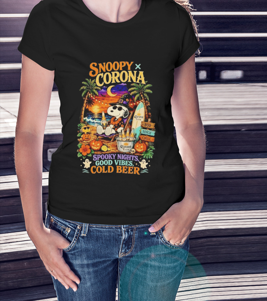 Snoopy X Corona Boo Beach Chill Spooky Nights Good Vibes Cold Beer T-Shirt