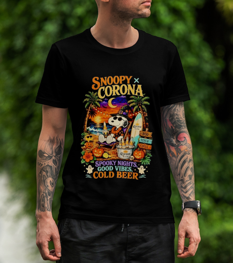 Snoopy X Corona Boo Beach Chill Spooky Nights Good Vibes Cold Beer T-Shirt