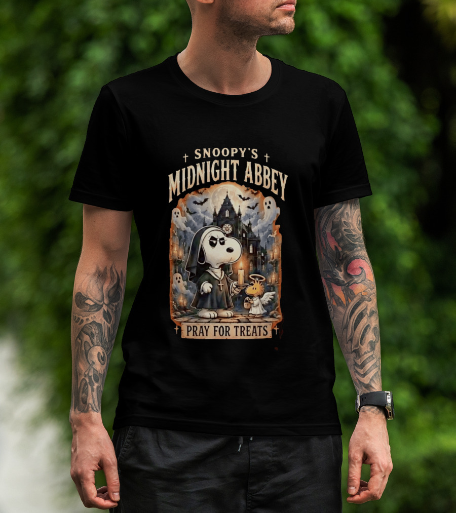 Snoopy's Midnight Abbey Pray For Treats Halloween Cathedral Scene T-Shirt
