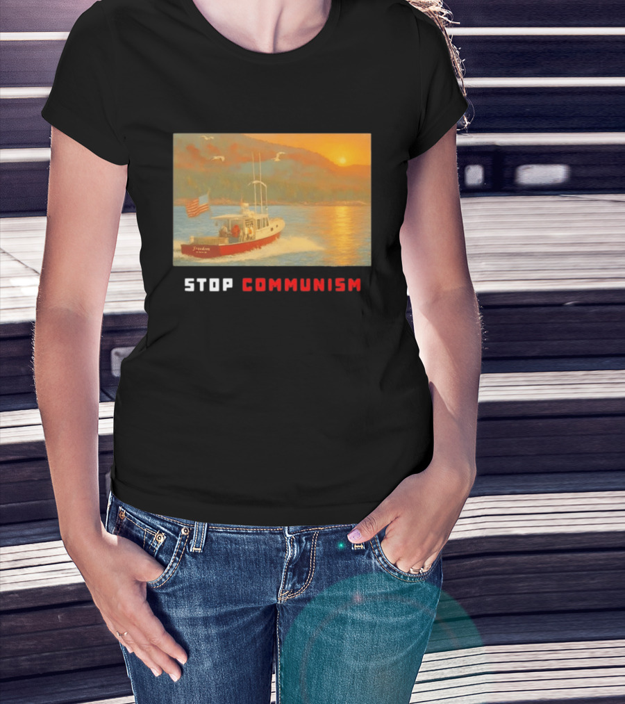 Stop Communism Freedom Boat American Flag Sunset Landscape T-Shirt