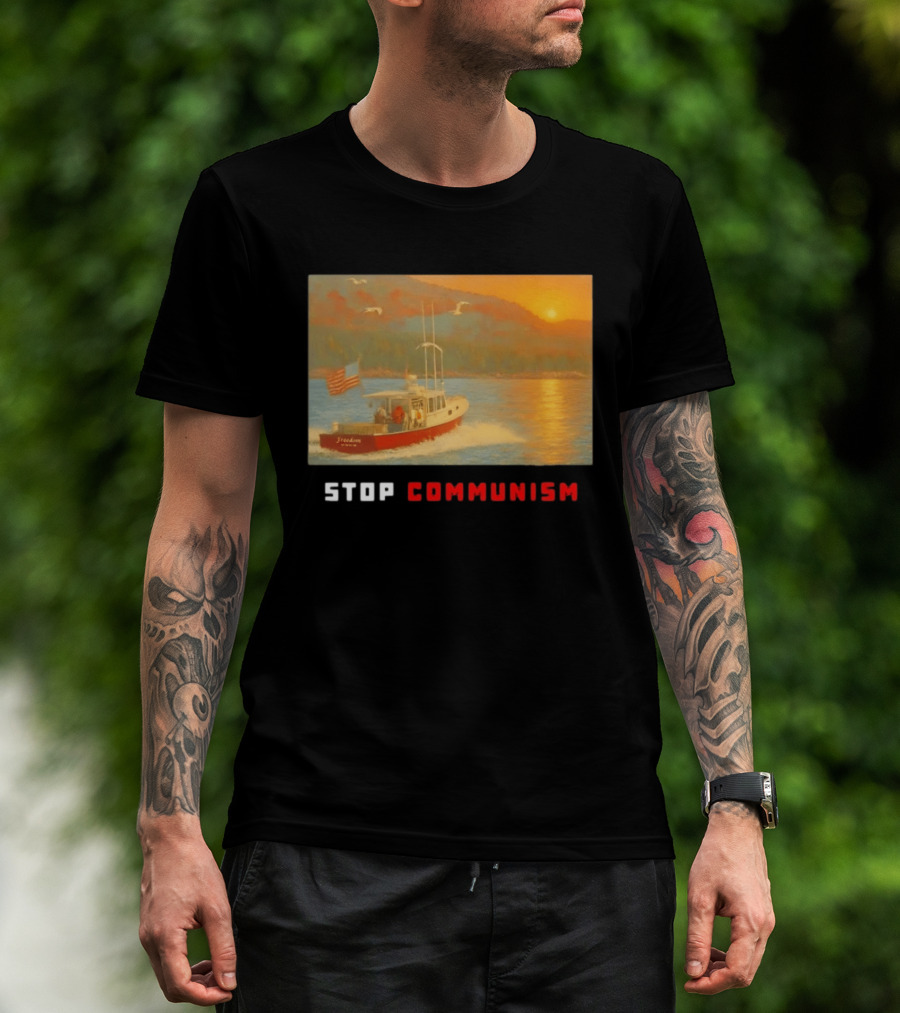 Stop Communism Freedom Boat American Flag Sunset Landscape T-Shirt