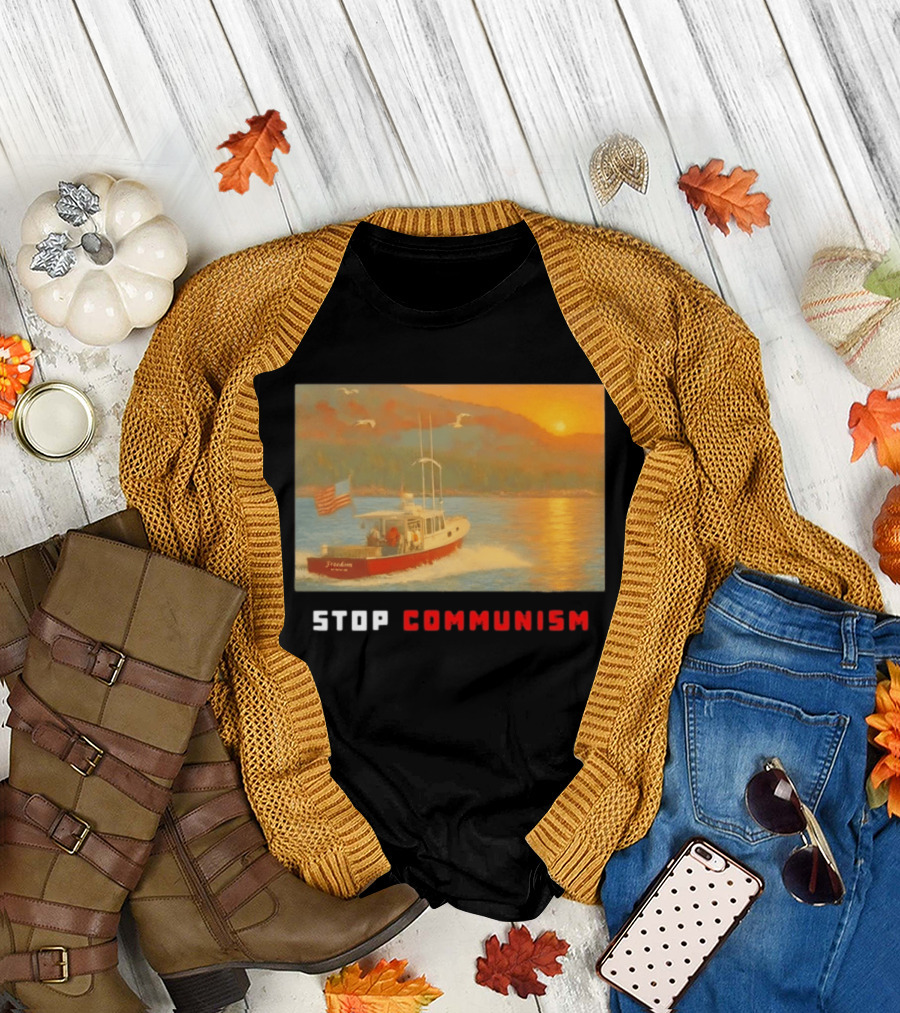 Stop Communism Freedom Boat American Flag Sunset Landscape T-Shirt