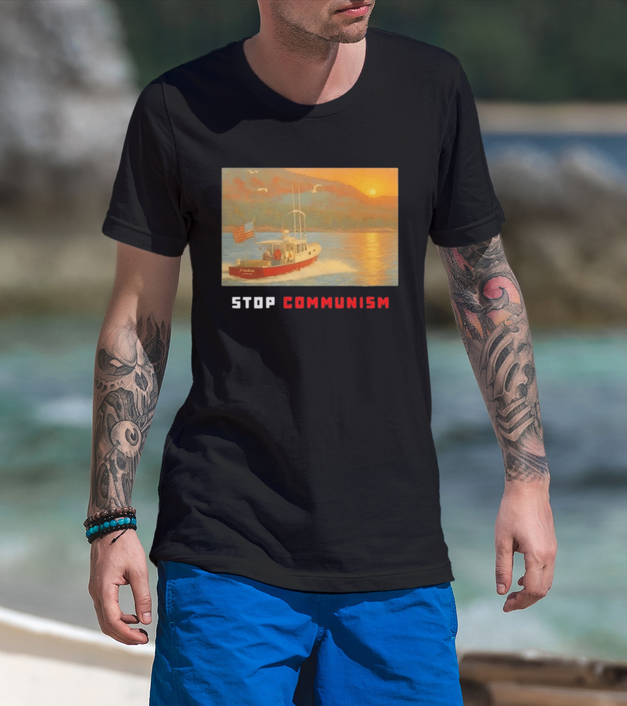 Stop Communism Freedom Boat American Flag Sunset Landscape T-Shirt