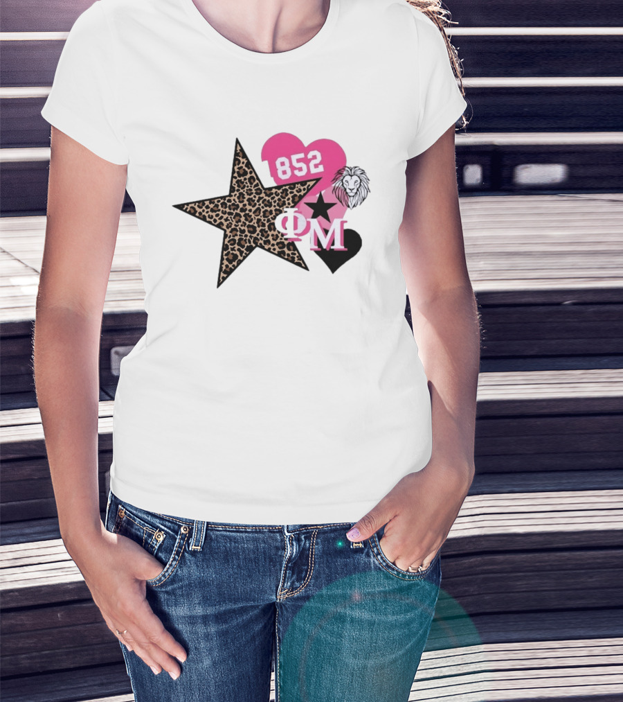 Phi Mu 1852 Leopard Star Lion 852 Pink Heart Sorority T-Shirt