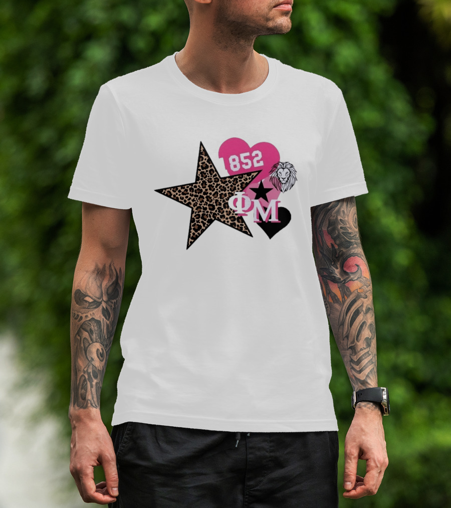 Phi Mu 1852 Leopard Star Lion 852 Pink Heart Sorority T-Shirt