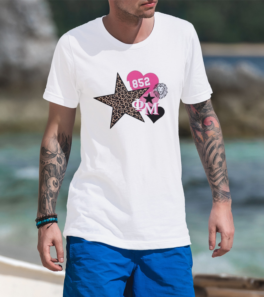Phi Mu 1852 Leopard Star Lion 852 Pink Heart Sorority T-Shirt