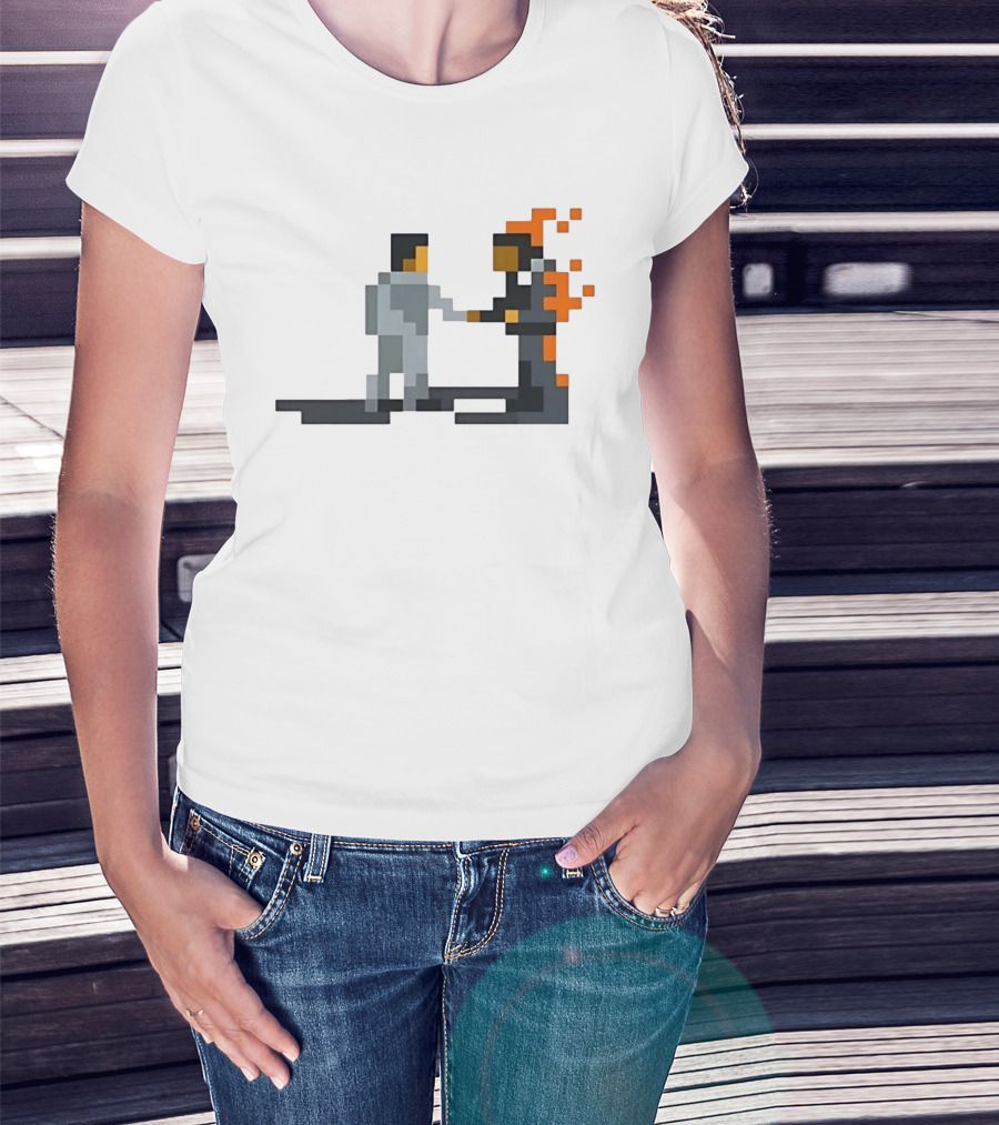Pink Floyd Wish You Were Here Pixelated Two Men Shaking Hands Flames T-Shirt