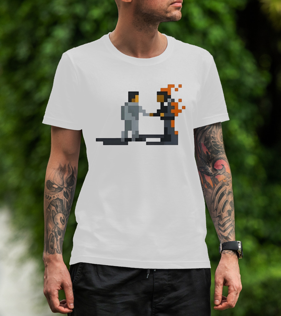 Pink Floyd Wish You Were Here Pixelated Two Men Shaking Hands Flames T-Shirt