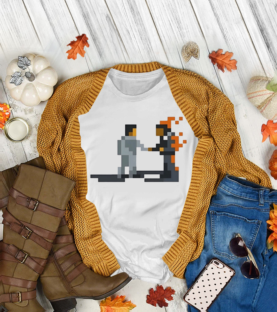 Pink Floyd Wish You Were Here Pixelated Two Men Shaking Hands Flames T-Shirt