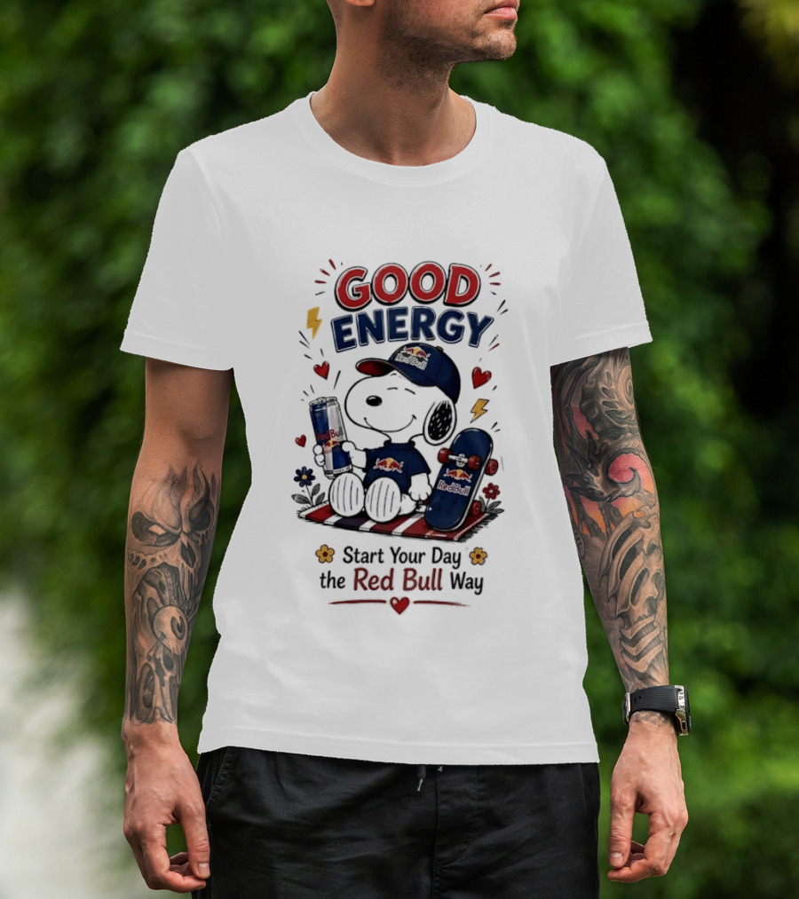 Snoopy Good Energy Start Your Day The Red Bull Way Skateboard And Drink T-Shirt