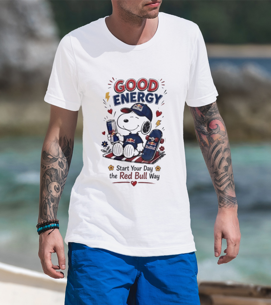 Snoopy Good Energy Start Your Day The Red Bull Way Skateboard And Drink T-Shirt