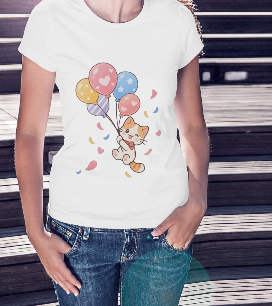Cat Floating With Colorful Balloons T-Shirt