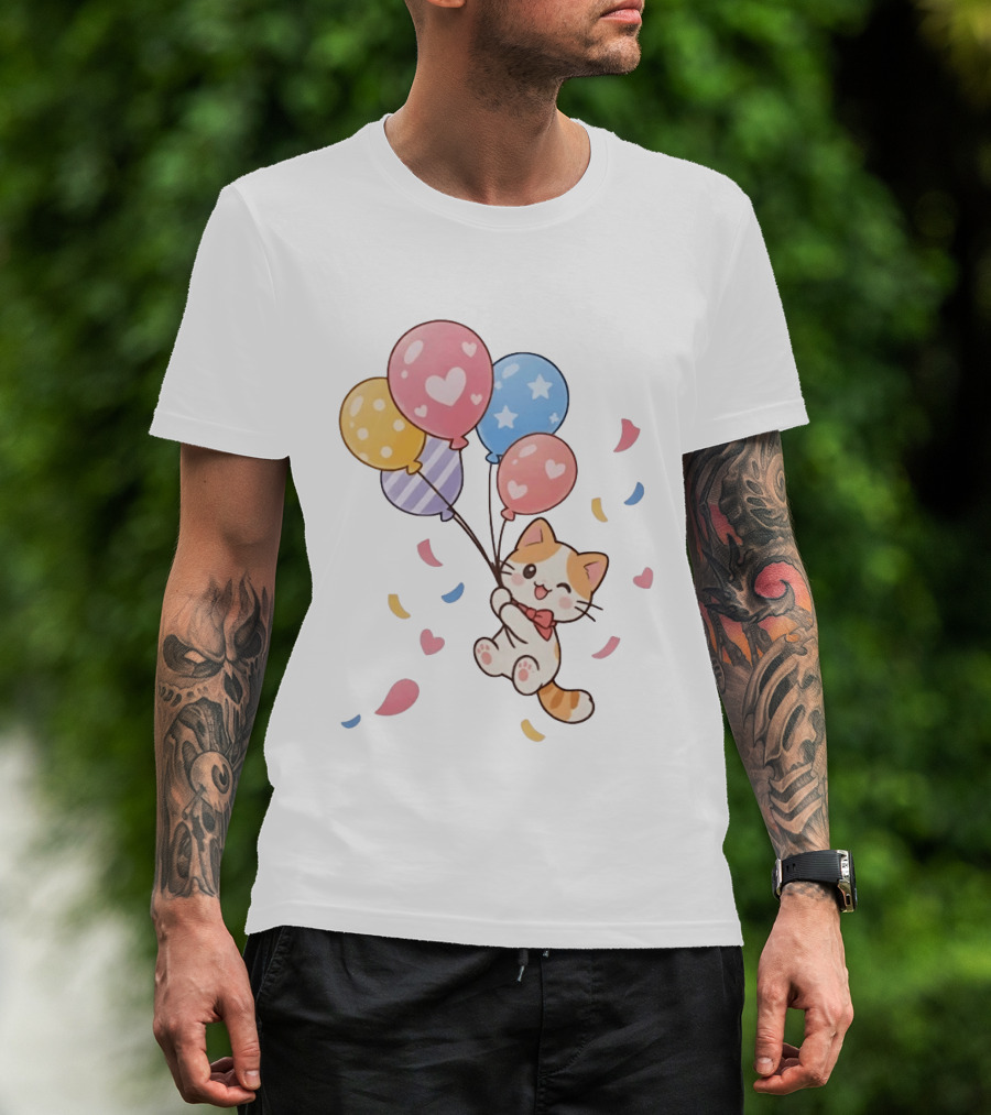 Cat Floating With Colorful Balloons T-Shirt