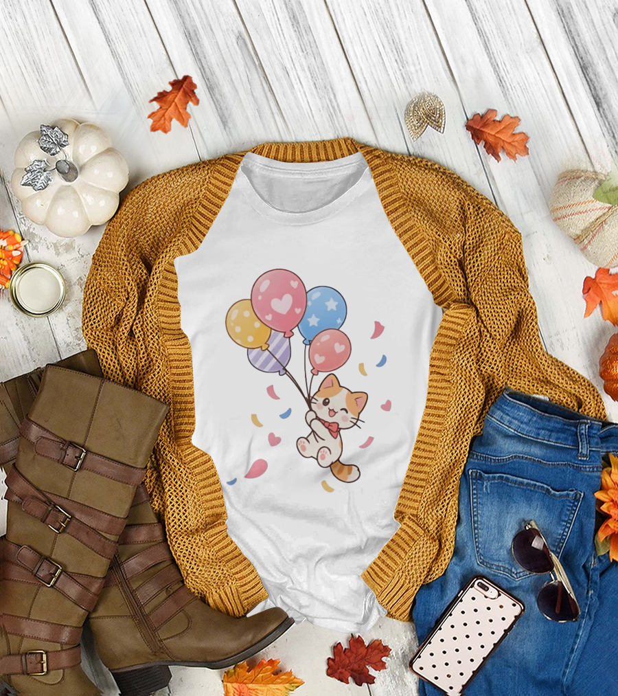 Cat Floating With Colorful Balloons T-Shirt