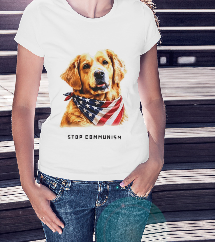 Golden Retriever Wearing American Flag Bandana Stop Communism T-Shirt
