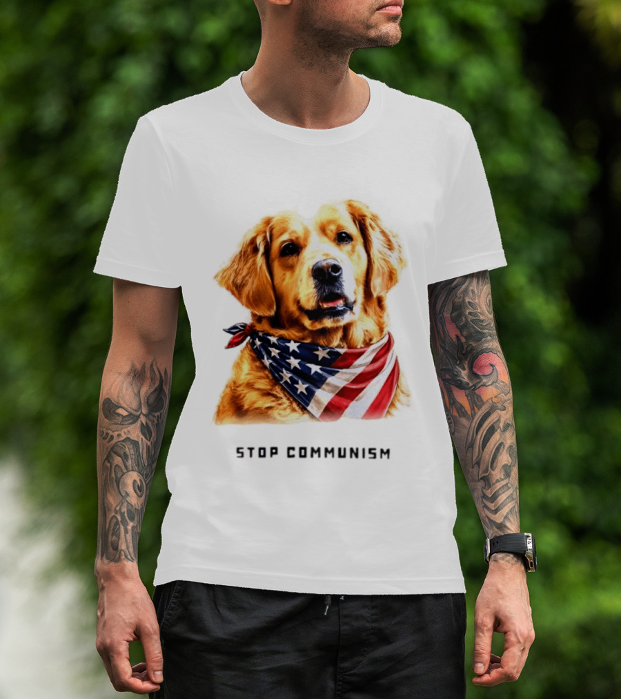 Golden Retriever Wearing American Flag Bandana Stop Communism T-Shirt