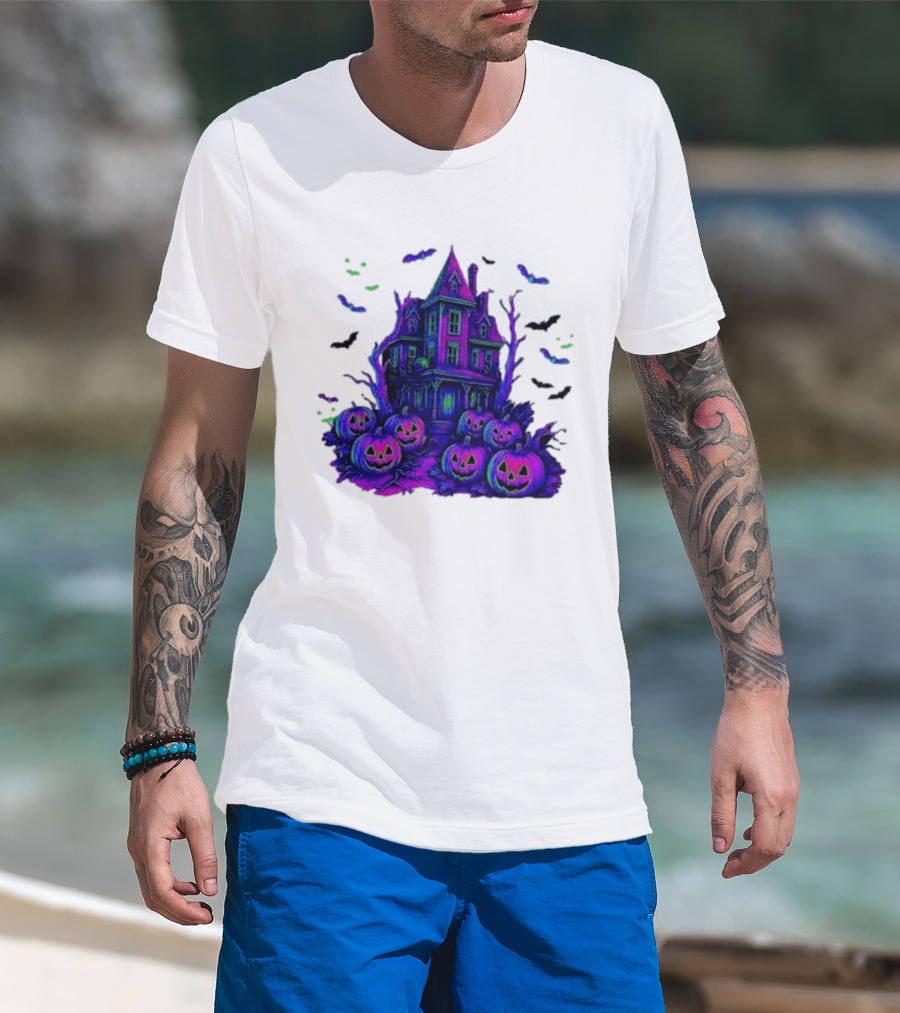 Halloween Bats Haunted House T-Shirt