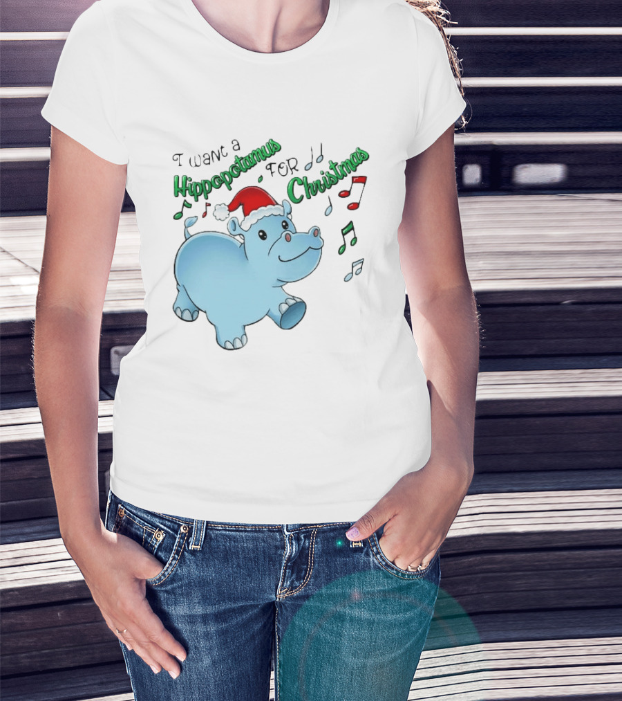 Inktastic I Want A Hippopotamus For Christmas Hippo In Santa Hat T-Shirt